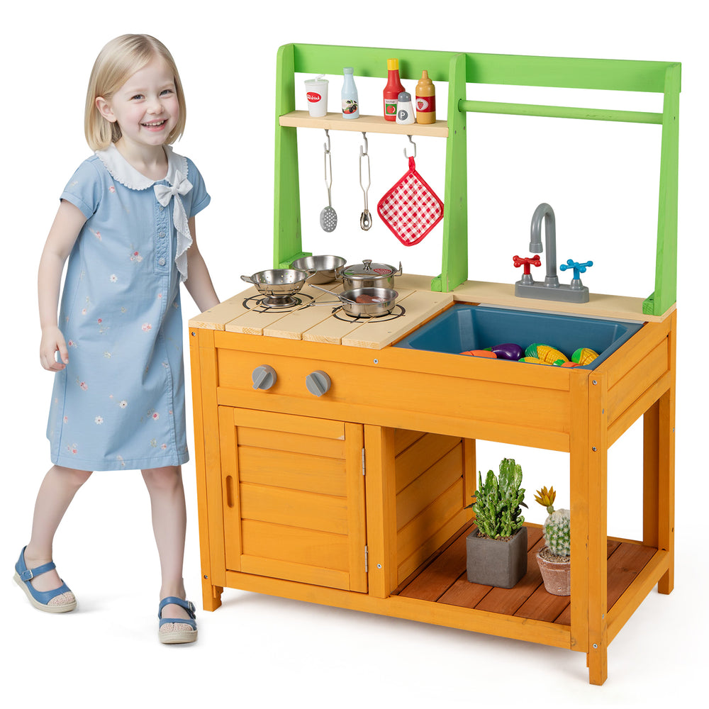 Colorful outdoor mud kitchen playset in orange with stove, sink, and storage for kids aged 3 and up.