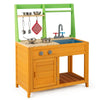 Bright orange outdoor mud kitchen playset with stove, sink, and storage for imaginative play for kids 3 years and older.