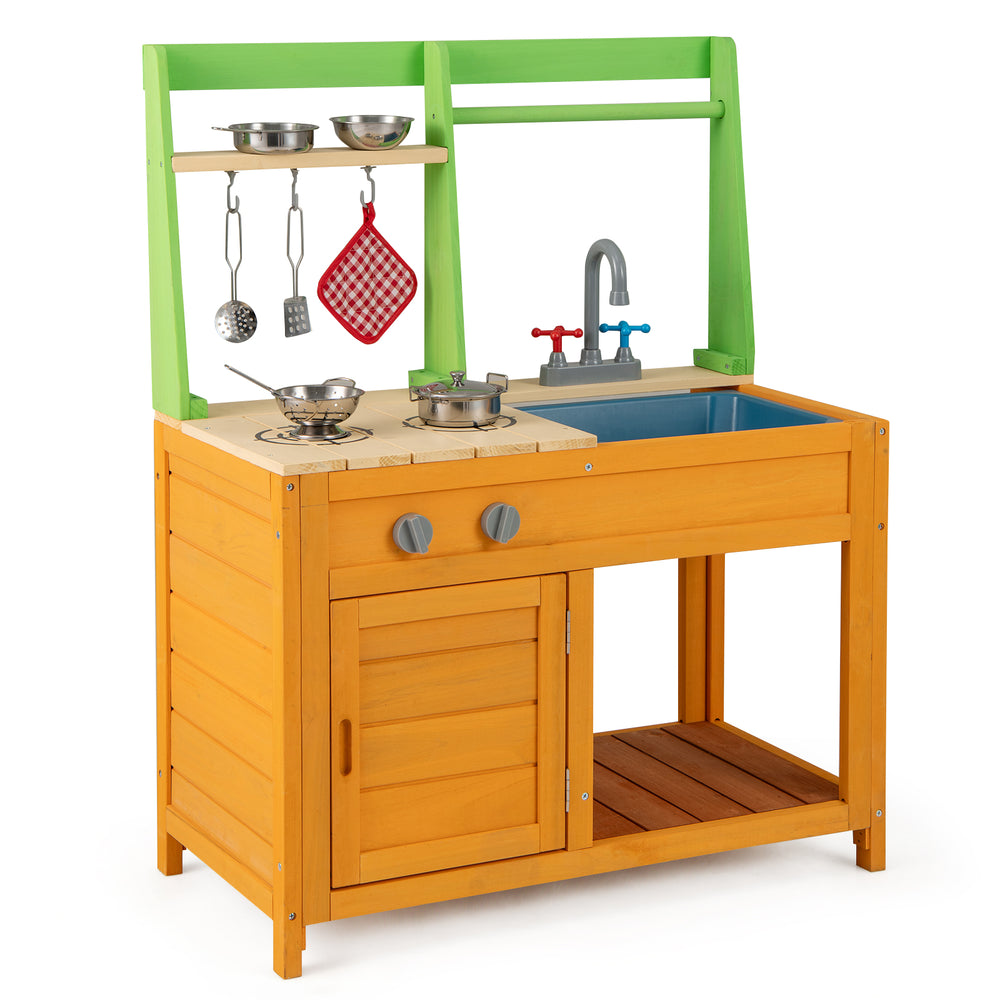 Bright orange outdoor mud kitchen playset with stove, sink, and storage for imaginative play for kids 3 years and older.