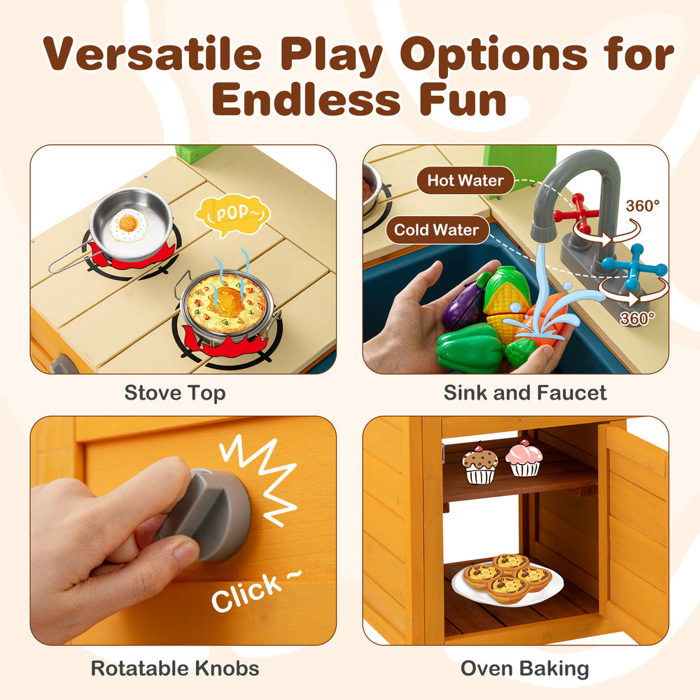 Stove top with rotatable knobs and sink faucet for the Outdoor Mud Kitchen Playset, enhancing pretend play for kids.