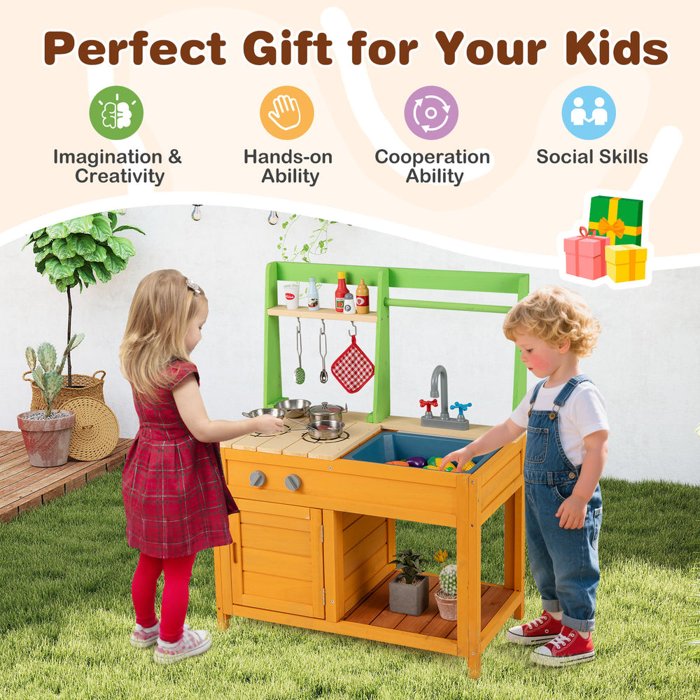 Outdoor mud kitchen playset in orange with stove, sink, and storage for kids 3+ years, promoting creativity and social.