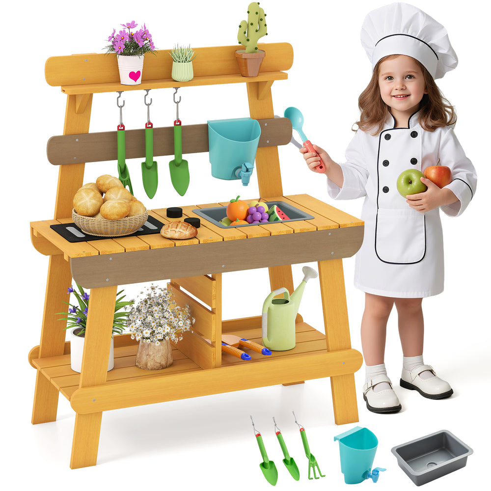 Wooden outdoor mud kitchen for kids with grill rack, sink, and gardening tools, promoting imaginative play for ages 3-8.