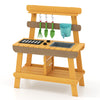 Wooden outdoor mud kitchen for kids with grill rack, sink, and gardening tools, perfect for imaginative play.