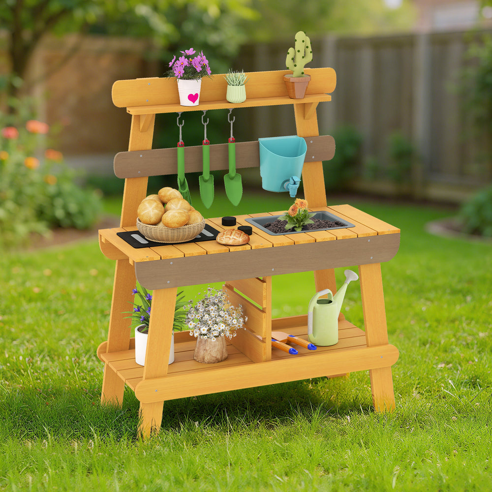 Bright yellow outdoor mud kitchen for kids, showcasing ample storage, a sink, and gardening tools for creative outdoor.