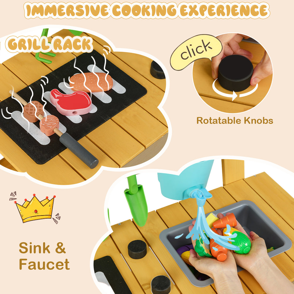 Wooden outdoor mud kitchen for kids featuring a grill rack, rotatable knobs, and a sink with faucet for interactive.
