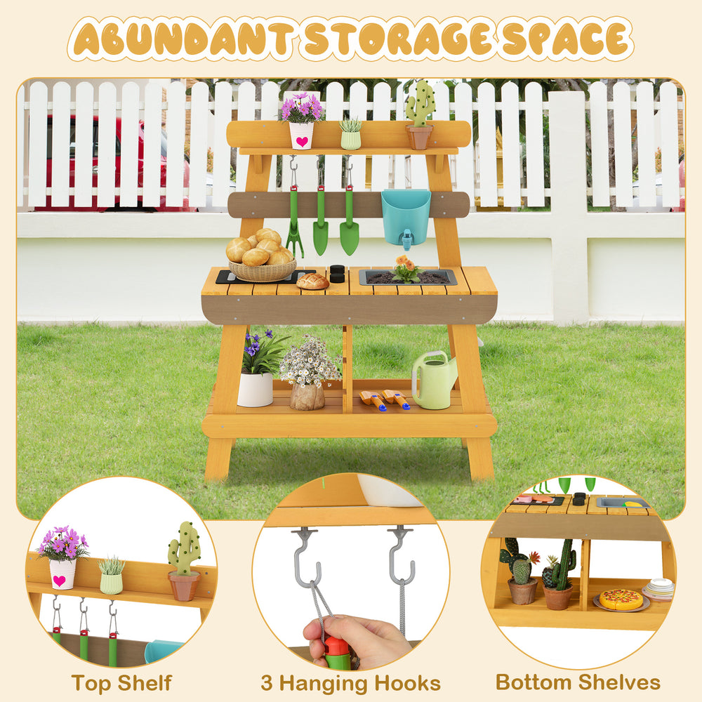 Outdoor mud kitchen for kids featuring a top shelf, 3 hooks, and ample storage for engaging playtime activities.
