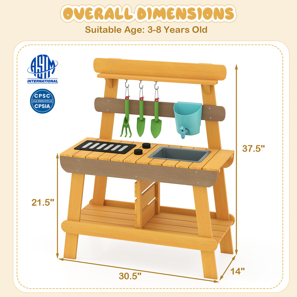 Outdoor mud kitchen for kids featuring a sink, grill rack, and gardening tools, perfect for imaginative play ages 3-8.