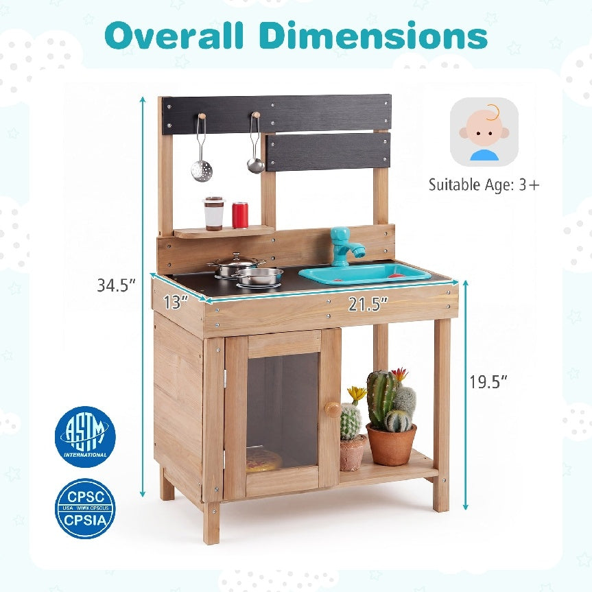 Wooden play pretend kitchen with stove, storage cabinet, and shelf, made from fir wood for kids aged 3 and up.