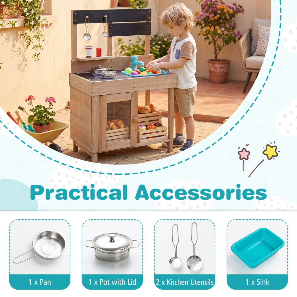 Wooden play pretend kitchen with stove, storage cabinet, and accessories for imaginative cooking fun for kids.