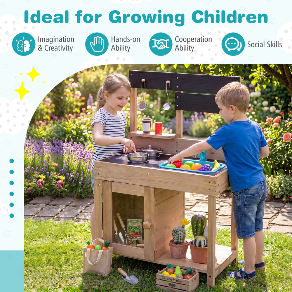 Wooden play pretend kitchen with stove, storage cabinet, and shelf, made of fir wood for imaginative play and.