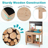 Wooden play pretend kitchen with stove, storage cabinet, and shelf, featuring rounded edges and splinter-free surface.