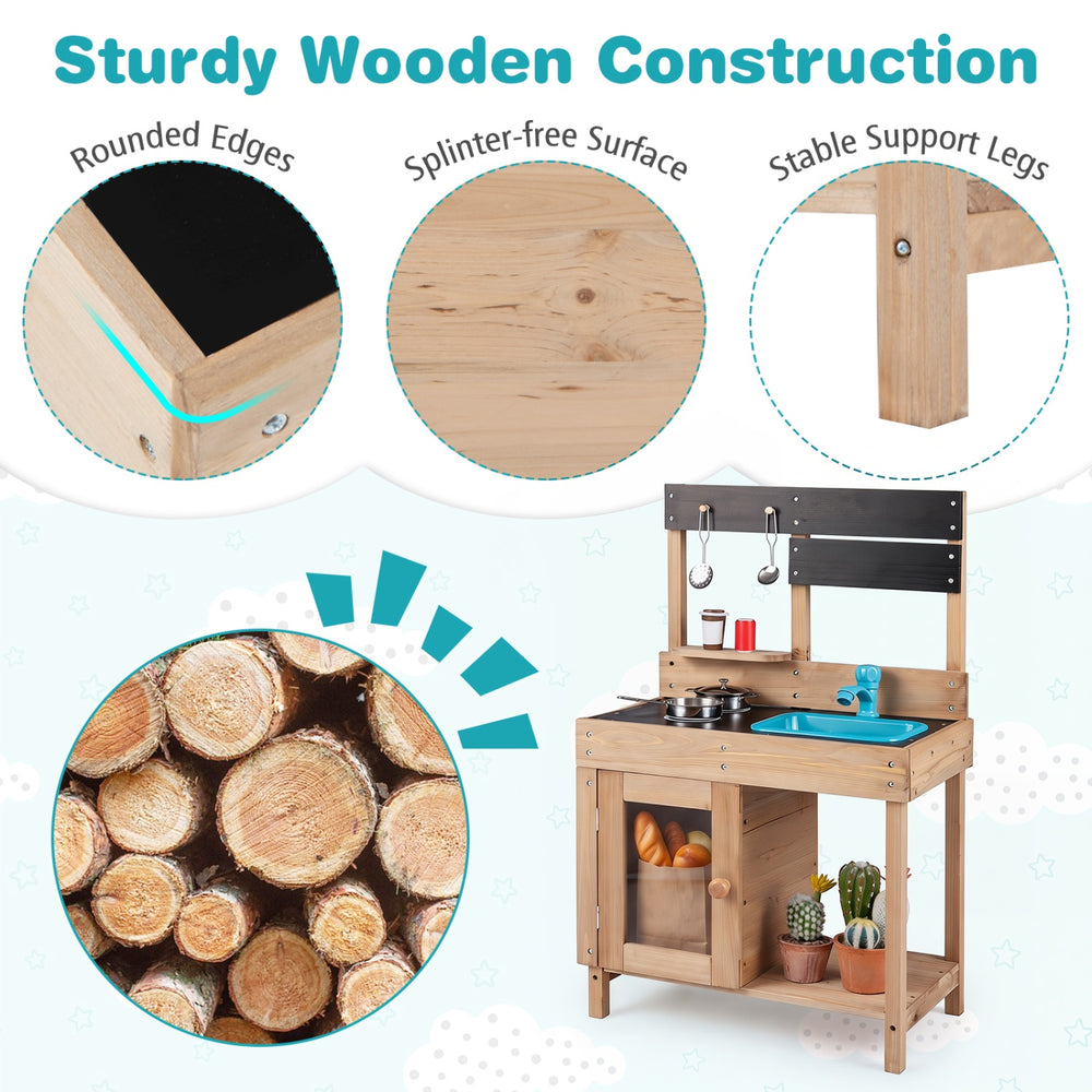 Wooden play pretend kitchen with stove, storage cabinet, and shelf, featuring rounded edges and splinter-free surface.