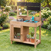 Wooden play pretend kitchen with stove, storage cabinet, and shelf for kids' imaginative cooking and interactive play.