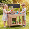 Wooden play pretend kitchen with stoves, storage cabinet, and shelf, designed for kids' imaginative cooking play.