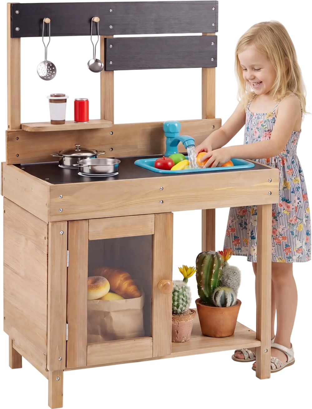 Wooden Play Pretend Kitchen with Stoves Storage Cabinet and Shelf
