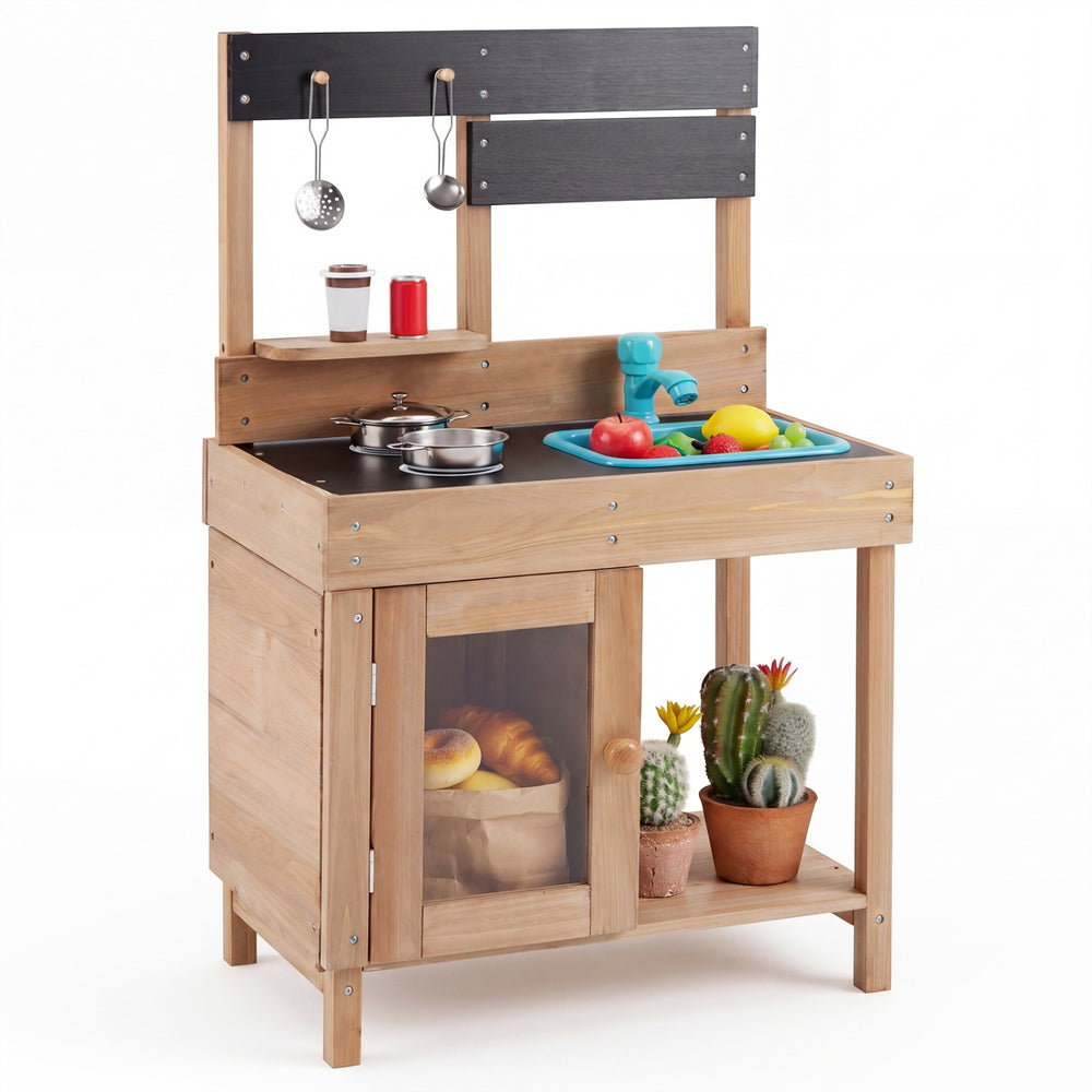 Wooden play pretend kitchen with stove, storage cabinet, and shelf, made of fir wood for kids aged 3 and up.