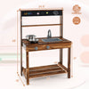 Outdoor mud kitchen for kids featuring a rotatable faucet, removable sink, and chalkboard for creative play.