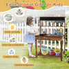 Outdoor mud kitchen for kids featuring a rotatable faucet, removable sink, and simulated stoves for imaginative play.