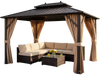 Modular rattan seating set with hardtop gazebo, featuring privacy curtains and ample space for outdoor entertaining.