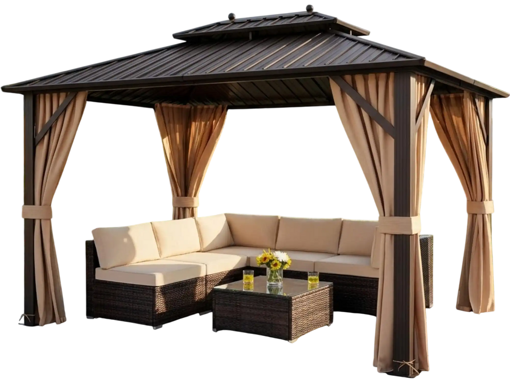 Modular rattan seating set with hardtop gazebo, featuring privacy curtains and ample space for outdoor entertaining.