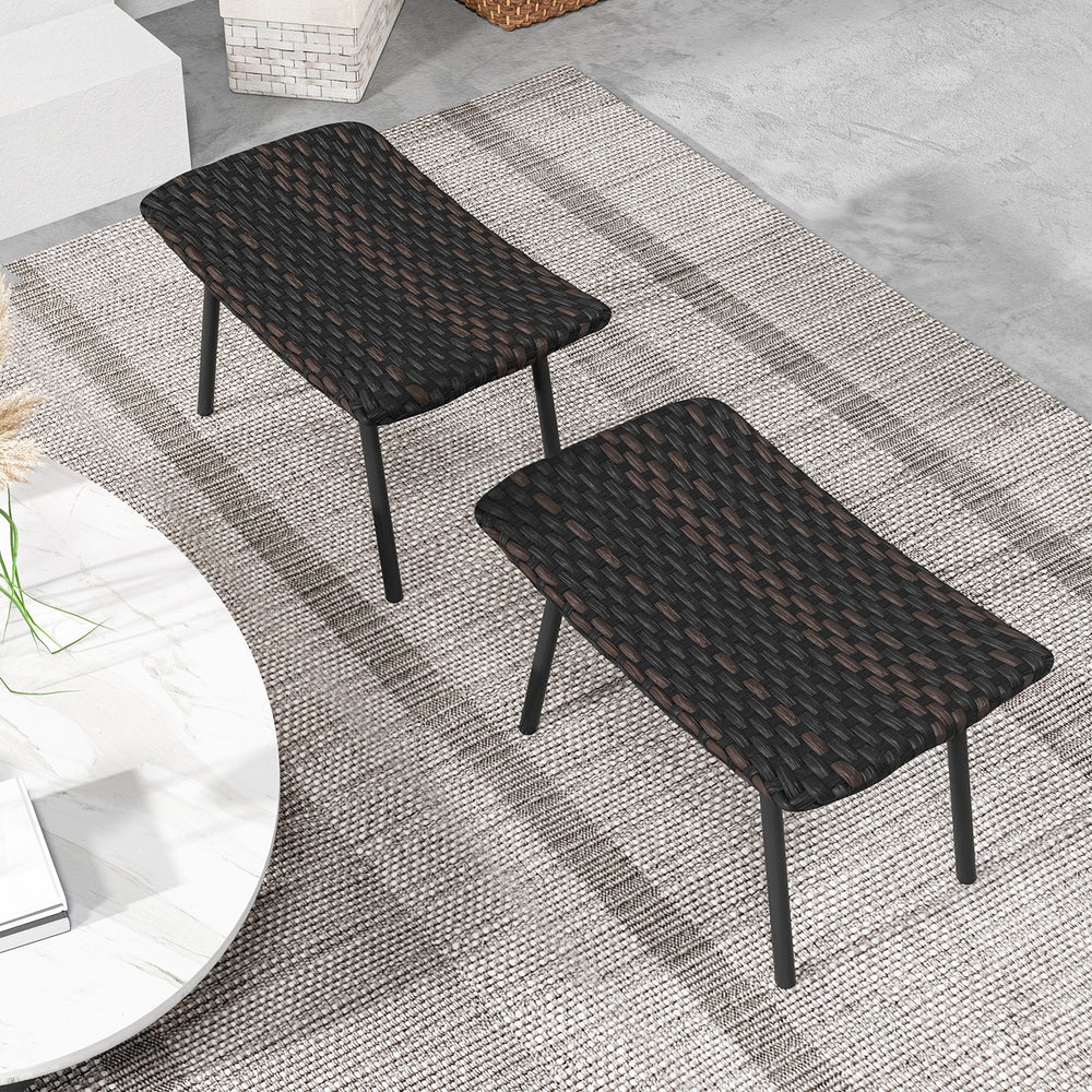 Set of two brown all-weather outdoor ottomans with sturdy metal legs, perfect for patio and poolside relaxation.