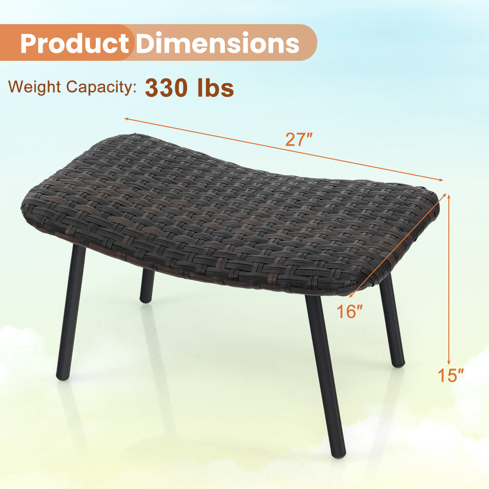 Brown outdoor ottoman footrest with sturdy metal legs, dimensions 27" x 16" x 15", suitable for patio and garden use.