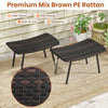 Brown PE rattan outdoor ottomans set with sturdy metal legs, perfect for patio and poolside relaxation.