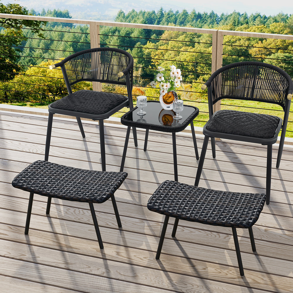 Set of two brown outdoor ottomans with sturdy metal legs, ideal for patio or poolside relaxation.
