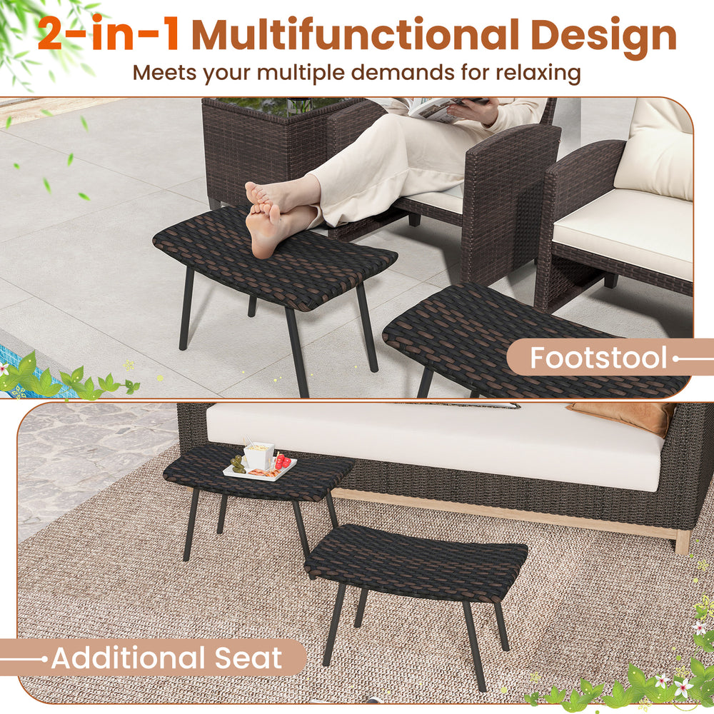 Brown outdoor ottomans set featuring sturdy metal legs, serving as footrests and additional seating for patio.