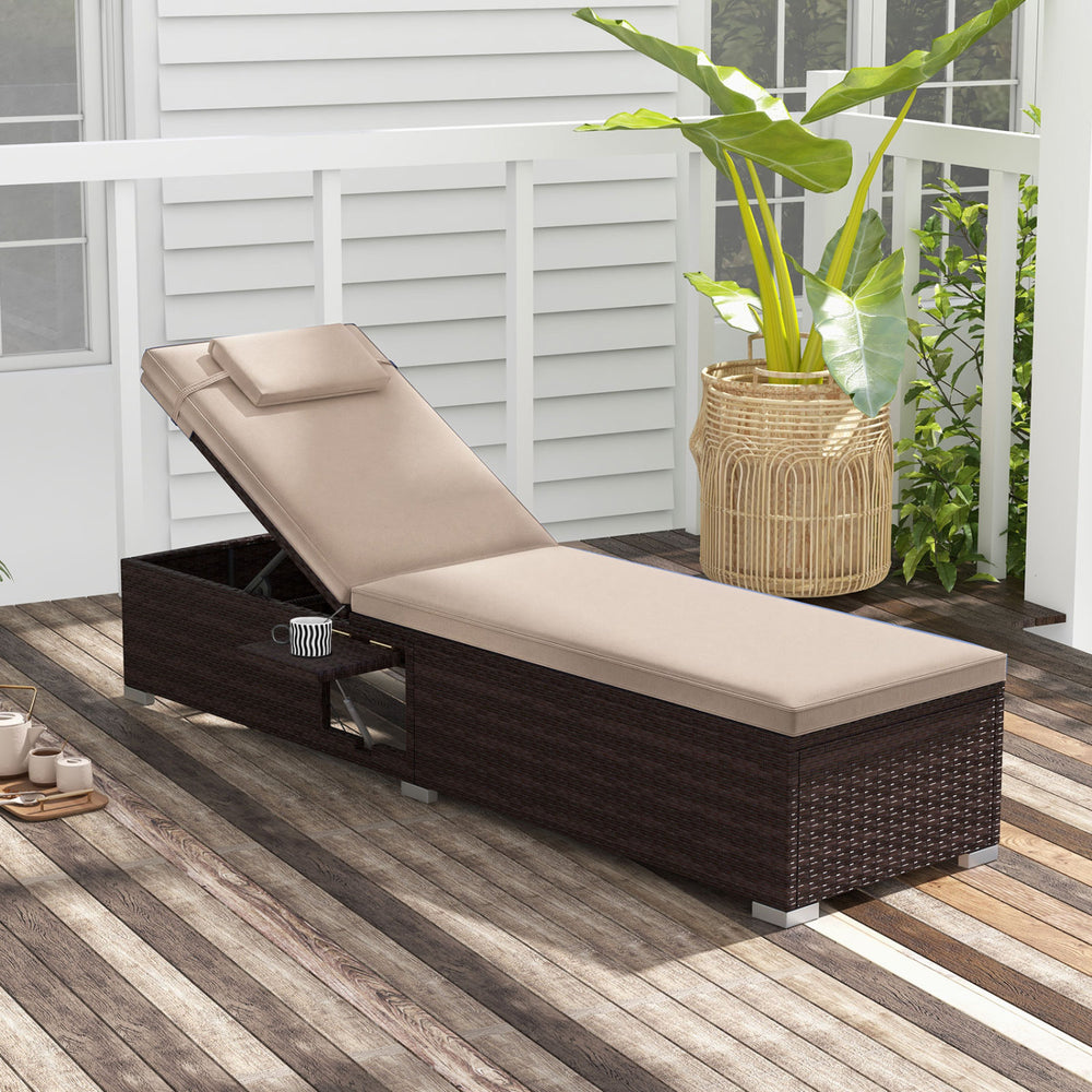 Brown outdoor PE rattan chaise lounge with a 6-position adjustable backrest and foldable side table for versatile relaxation.