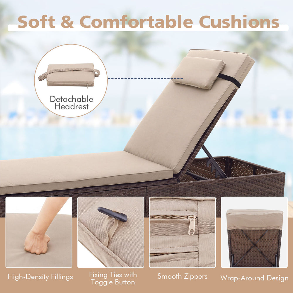 Adjustable outdoor chaise lounge with brown PE rattan, soft cushions, and a foldable side table for versatile relaxation.