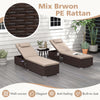 Outdoor PE rattan chaise lounge in brown with adjustable backrest and foldable side table, perfect for poolside relaxation.
