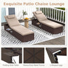 Brown outdoor PE rattan chaise lounge features a 6-position adjustable backrest and a foldable side table for versatile relaxation.