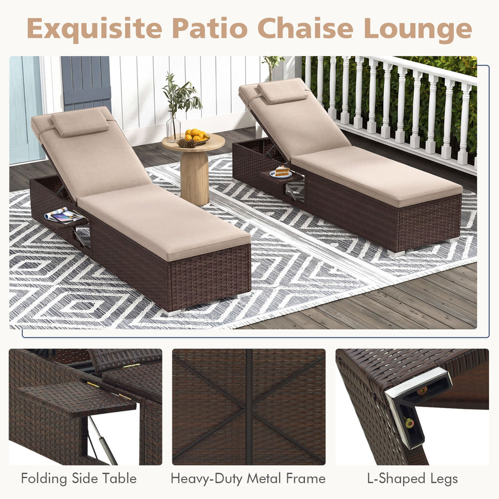 Brown outdoor PE rattan chaise lounge features a 6-position adjustable backrest and a foldable side table for versatile relaxation.