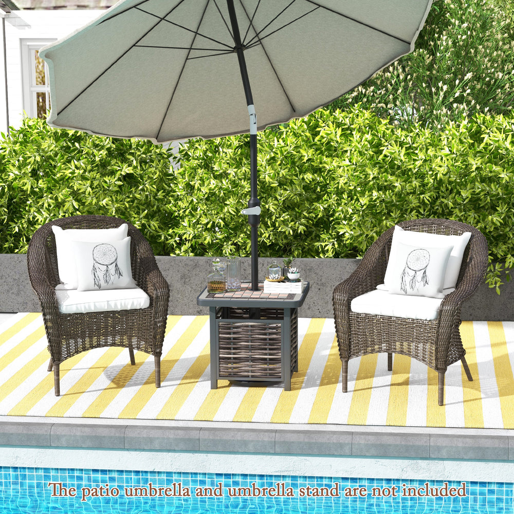 Square 21.5-inch outdoor side table made of PE rattan, featuring an umbrella hole, ideal for patio or poolside use.