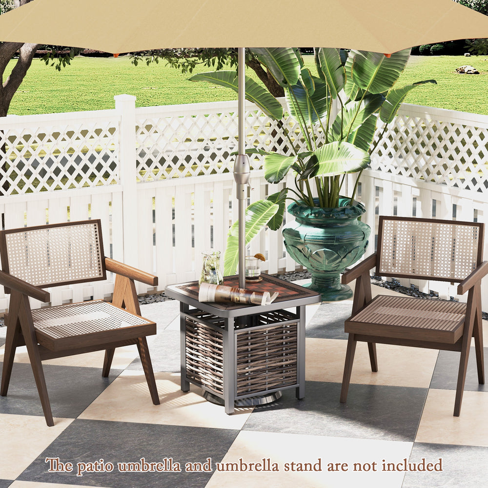 Square outdoor side table with PE rattan, 21.5" top, umbrella hole, perfect for patio or garden use.