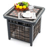 Square outdoor side table with PE rattan, 21.5" resin tabletop, and umbrella hole, perfect for patio or garden use.