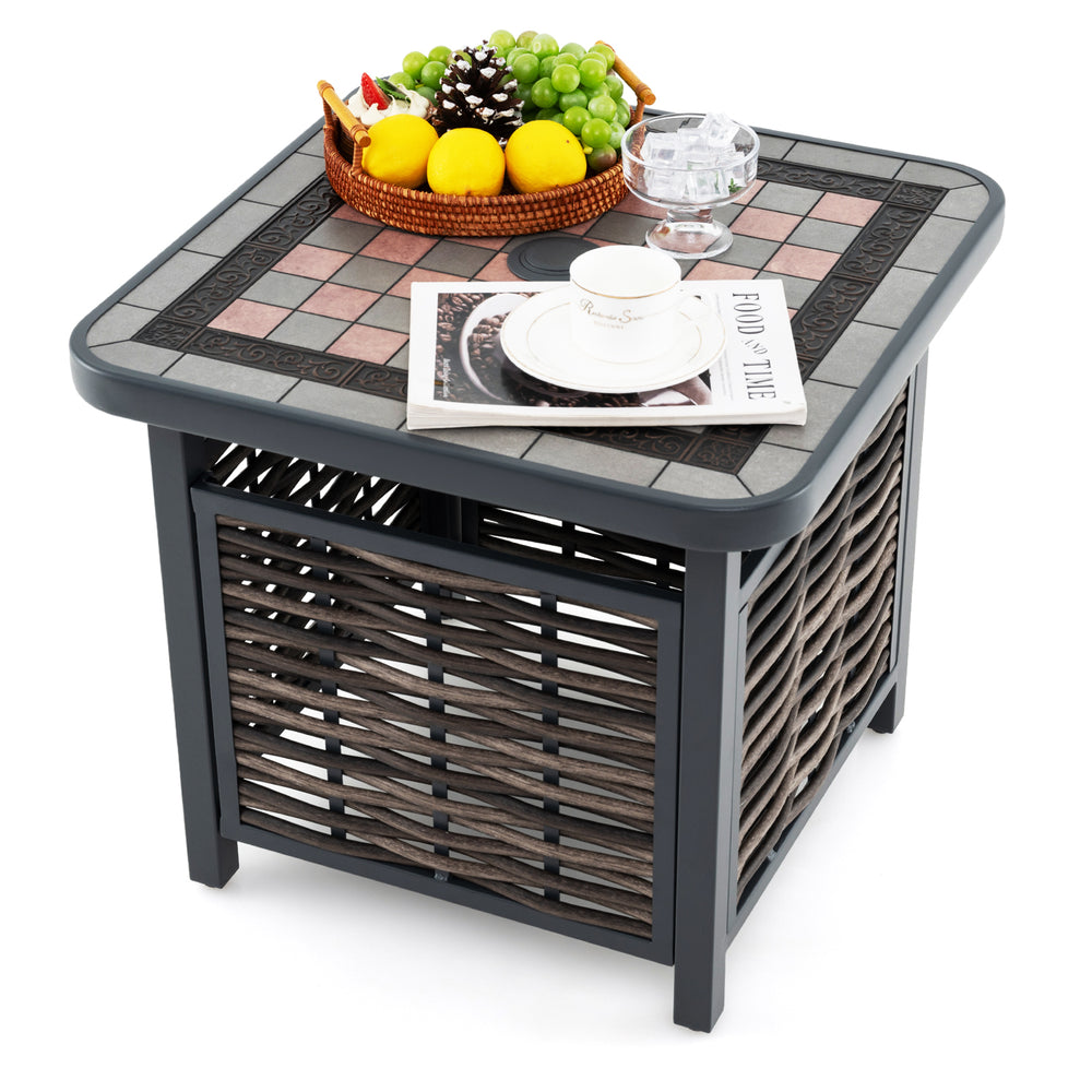 Square outdoor side table with PE rattan, 21.5" resin tabletop, and umbrella hole, perfect for patio or garden use.