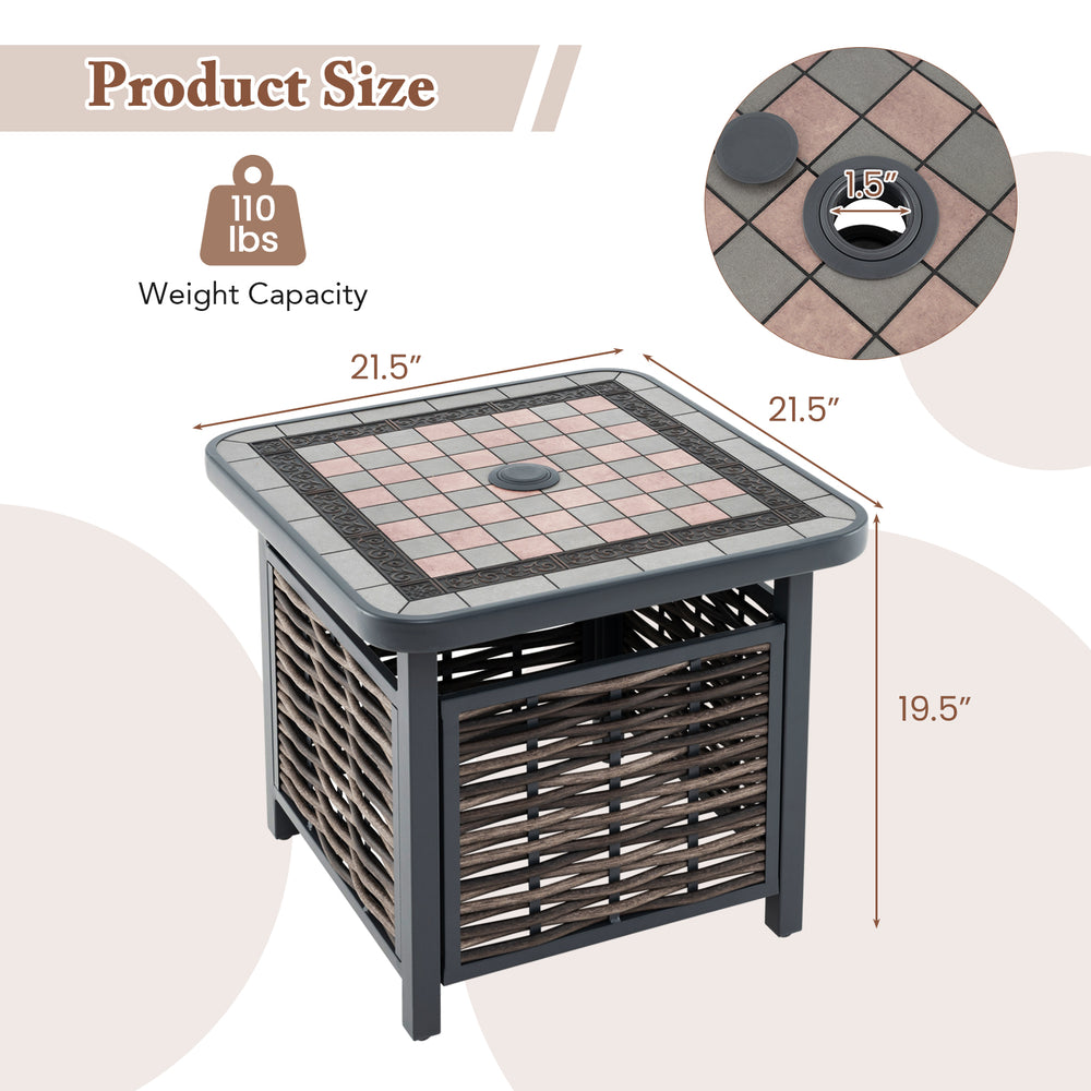 Square outdoor side table with PE rattan, 21.5" top, umbrella hole, and powder-coated frame for patio use.