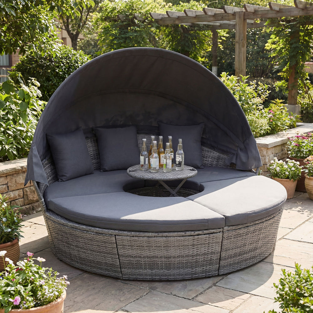 Outdoor PE Wicker Round Daybed with Retractable Canopy and Cushions-Gray - Gallery View 1 of 10