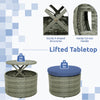Lifted tabletop of the outdoor PE wicker round daybed with navy cushions, ideal for backyard and poolside use.