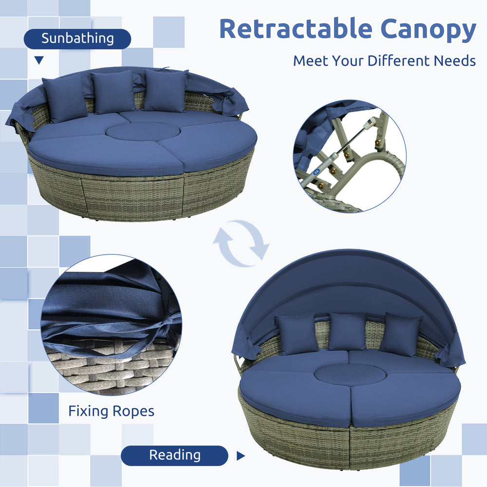 Outdoor PE wicker round daybed with retractable canopy and navy cushions, ideal for sunbathing or reading in the.