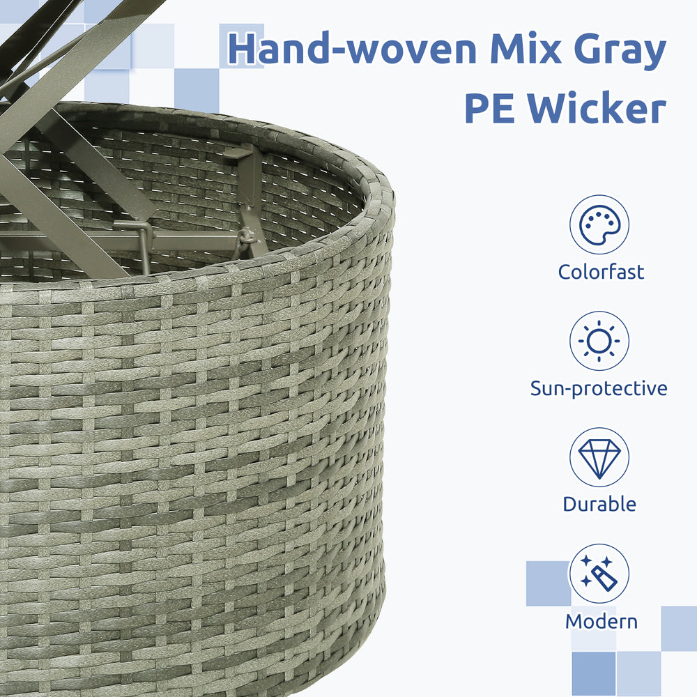 Hand-woven mix gray PE wicker base of outdoor round daybed with retractable canopy for sun protection and durability.