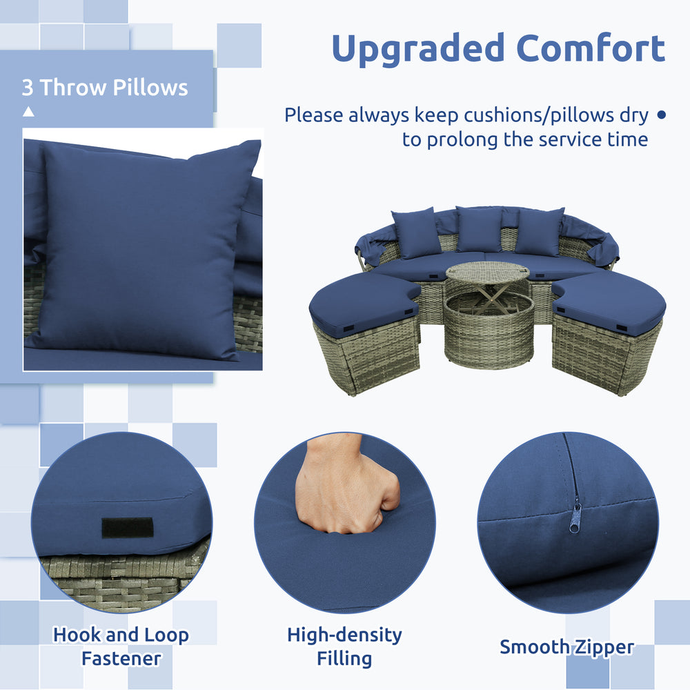 Navy outdoor PE wicker round daybed with retractable canopy, cushions, and adjustable foot pads for versatile outdoor.
