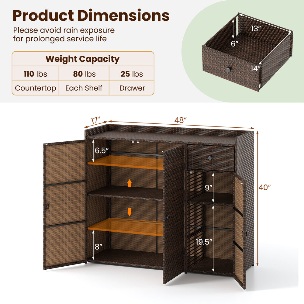 Outdoor PE wicker storage cabinet with three doors, featuring adjustable shelves and a sturdy metal frame for patio use.