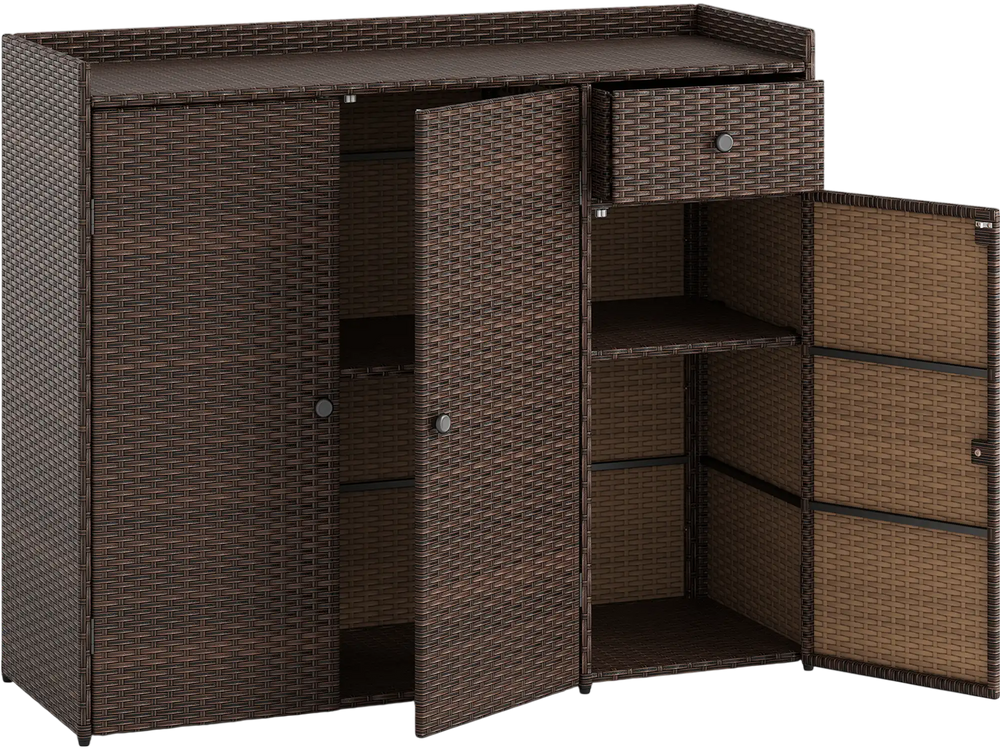 Outdoor PE Wicker Storage Cabinet with 3 Doors for Deck