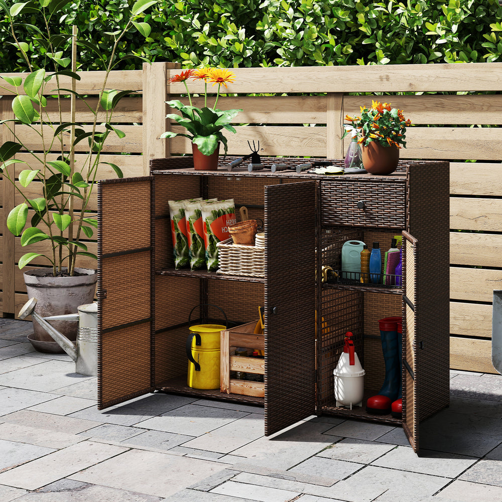 Outdoor PE wicker storage cabinet with three doors, featuring adjustable shelves and a wide countertop for versatile.