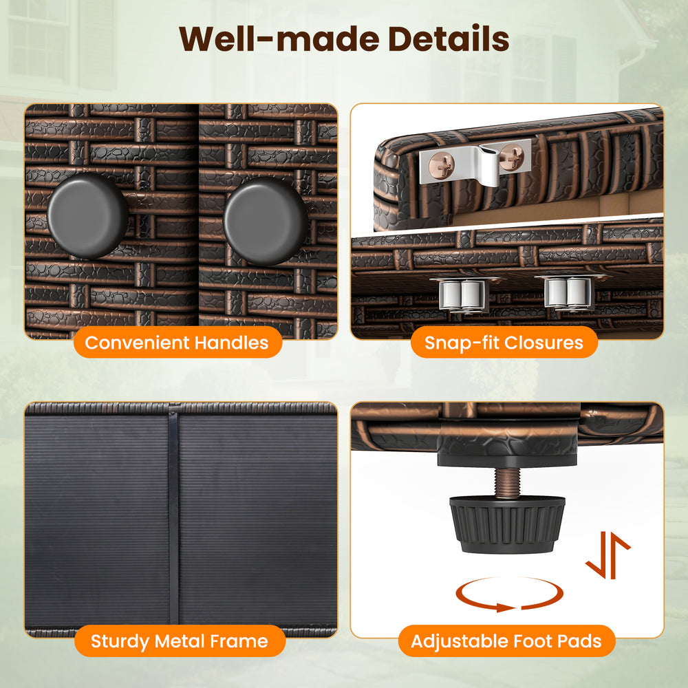 Close-up of the outdoor PE wicker storage cabinet showing sturdy metal frame, adjustable foot pads, and convenient.