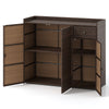 Outdoor PE wicker storage cabinet with three doors, showcasing a spacious interior and adjustable shelves for versatile.
