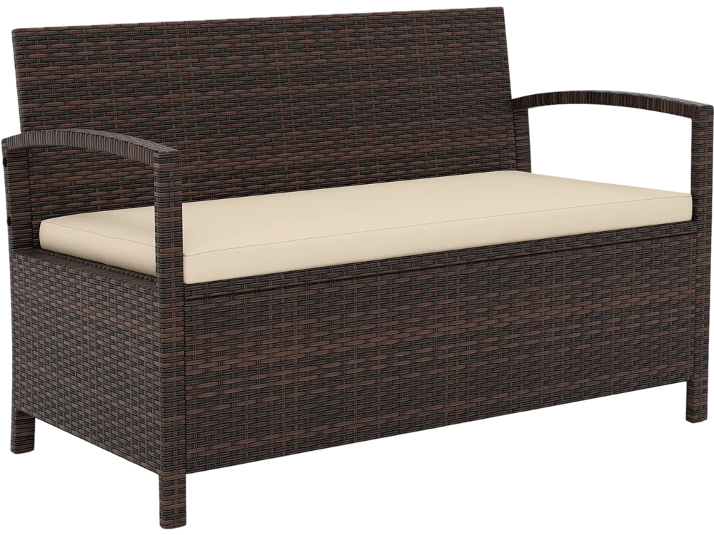 Outdoor PE wicker storage bench with beige cushion, featuring under-seat storage and ergonomic design for patio.